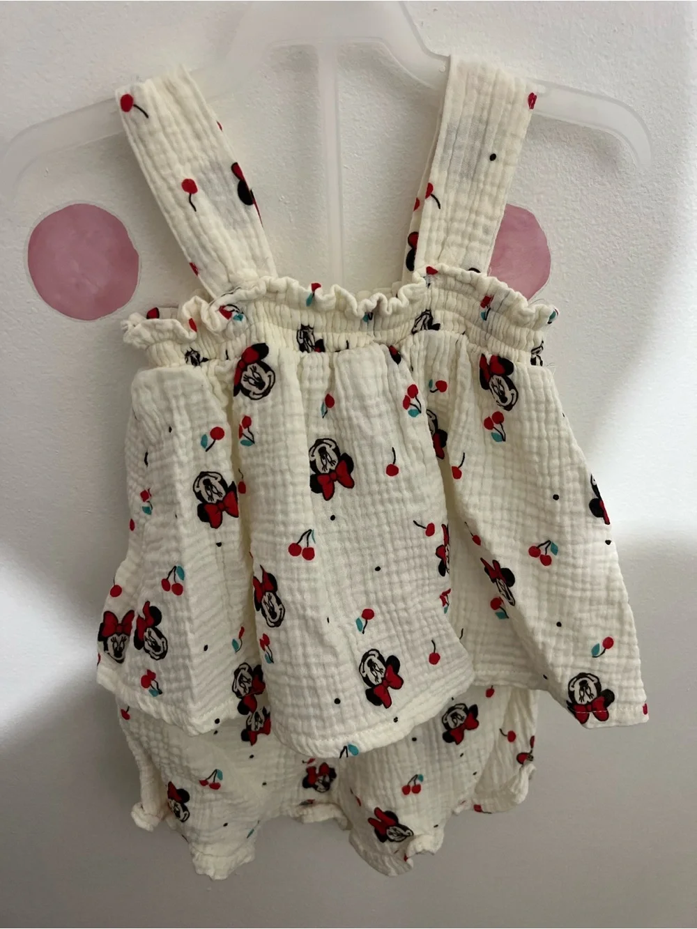 Disney Cream Baby Romper with Red and Black Minnie Faces and Teal Accents